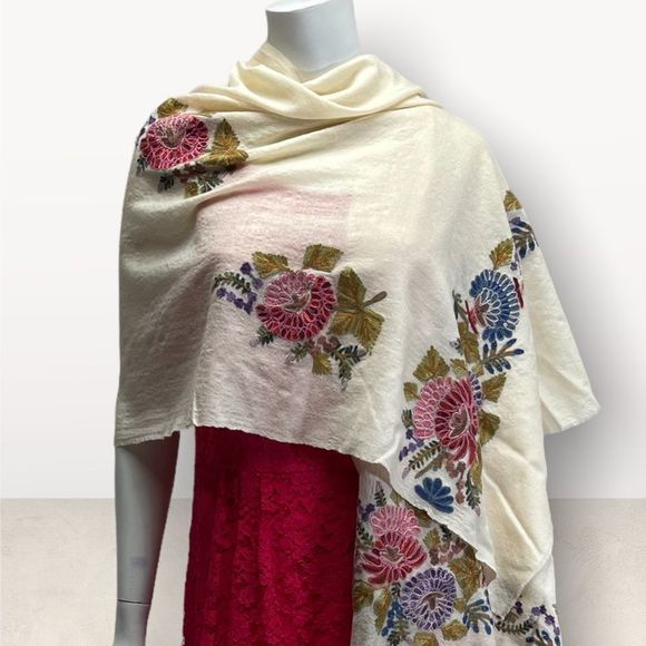 Clever Carriage Company Wool & Rayon Embroidered Wrap - Picture 1 of 4